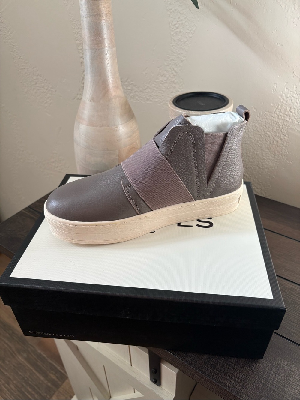 Elevated Slip-On High Top Sneaker in Taupe with Cream Sole. Unisex.